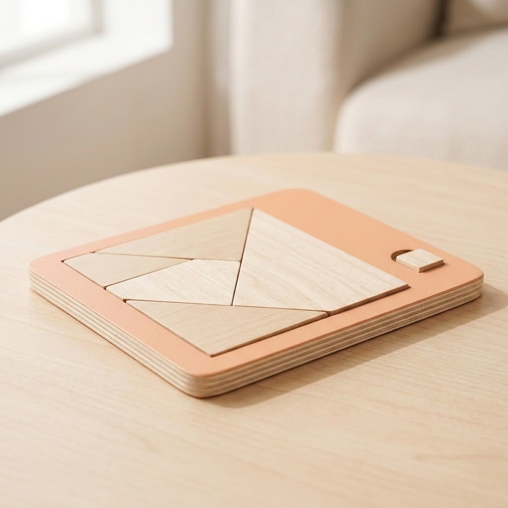 Cream wooden geometric puzzle pieces fitted into a peach board with layered edges, on a light wooden table beside a window.