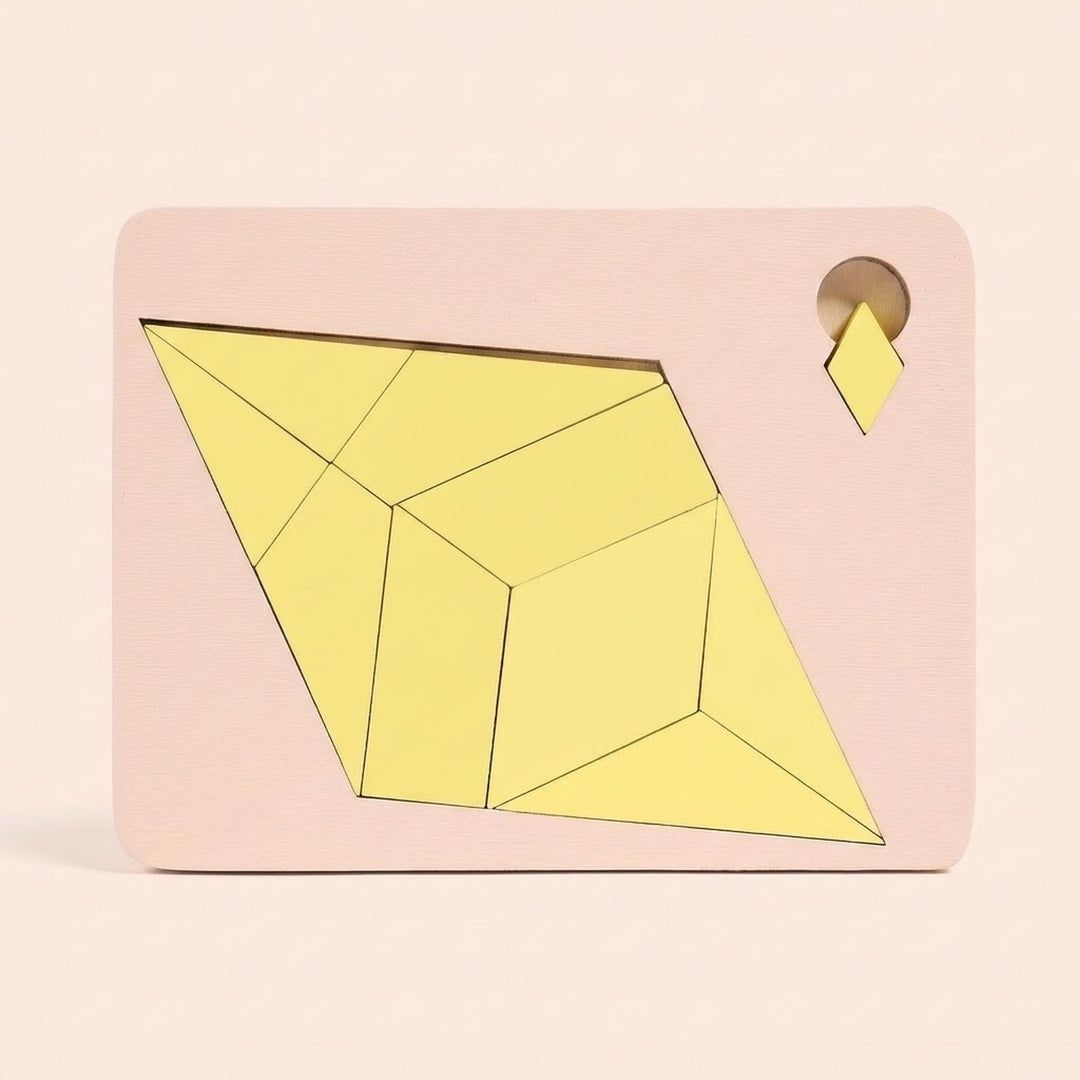 Yellow geometric pieces form a diamond inside a pale pink puzzle board with a small diamond tab against a peach background.