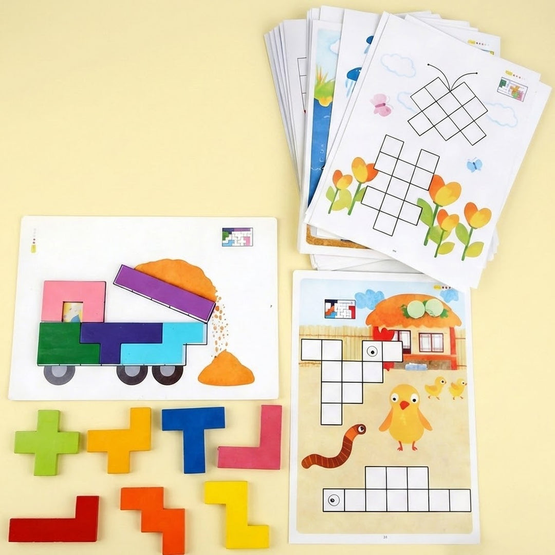 Multicolored wooden geometric puzzle blocks arranged beside illustrated activity cards showing a truck, butterflies, flowers, and chicks on a pale yellow background.