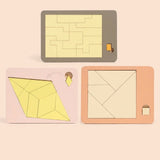 Three geometric puzzle boards with gray, pink, and peach frames display yellow interlocking pieces, a yellow diamond, and cream pieces against a plain pink backdrop.