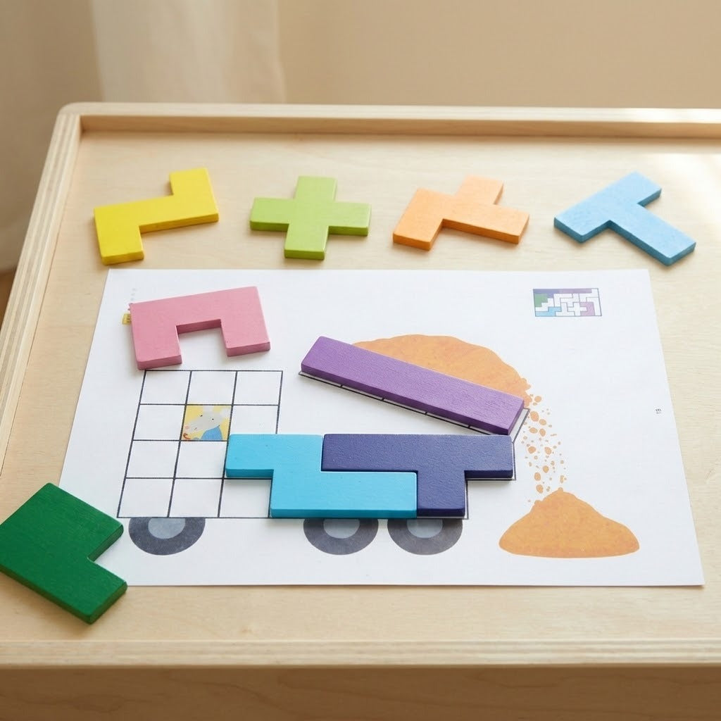 A geometric puzzle with multicoloured wooden pieces rests on and around a truck activity card in a light wooden tray.