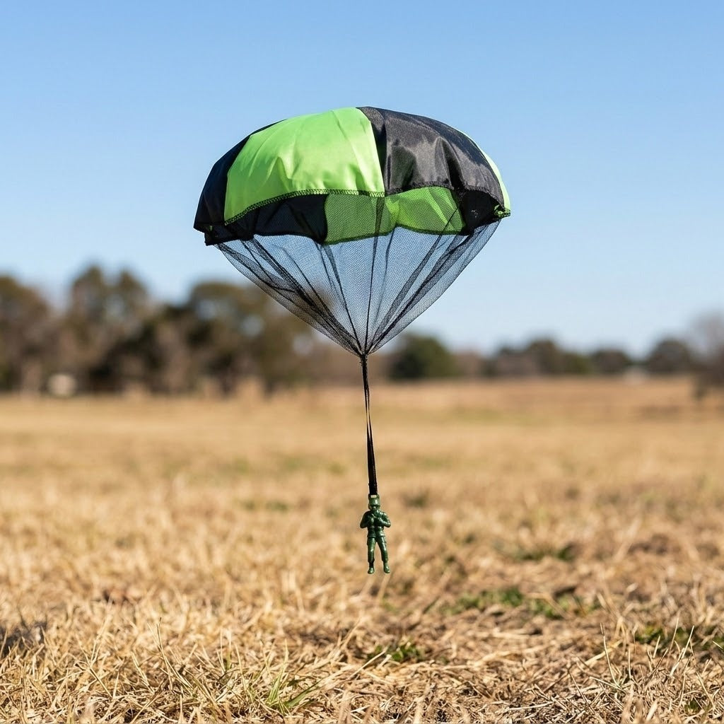 Green and black parachute toy floats above a dry grassy field, with a miniature soldier suspended beneath its open canopy.
