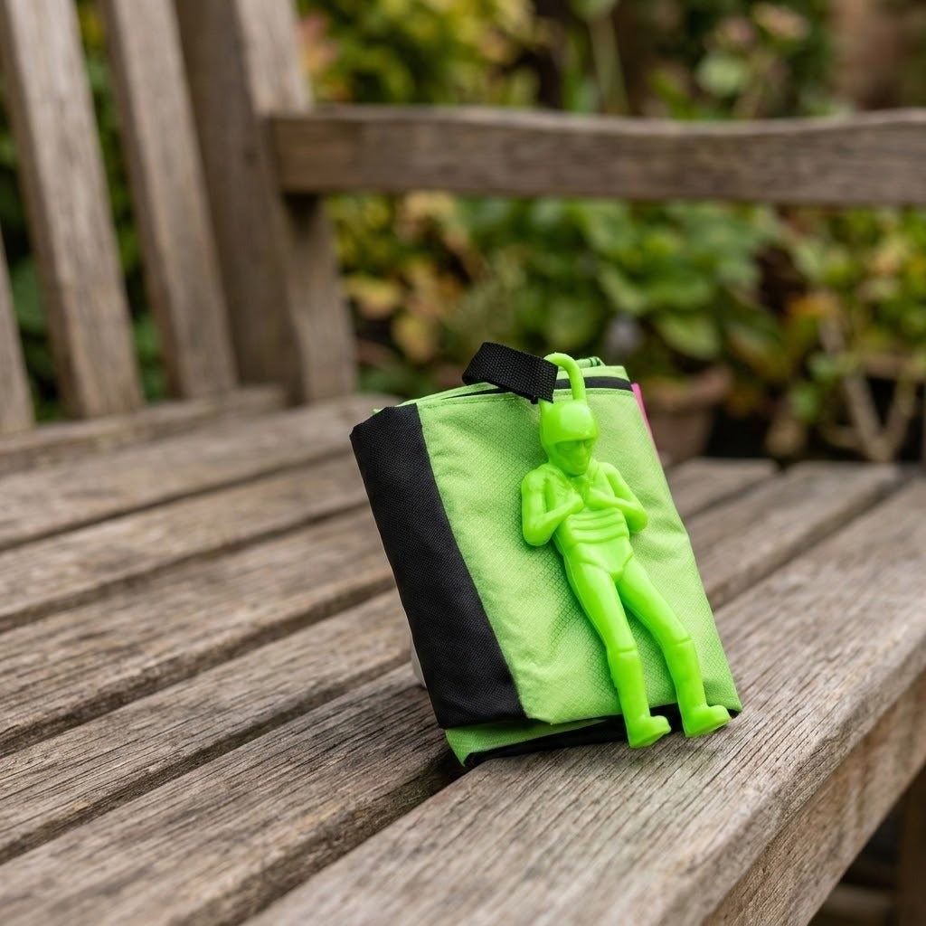 Folded green and black parachute toy with its green plastic soldier figure attached, resting on a weathered wooden garden bench.