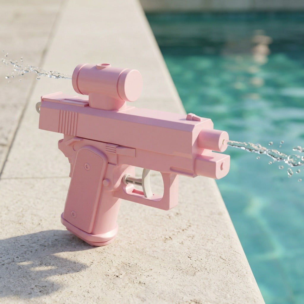 Pink water squirt gun sprays water forward and backward while standing on pale paving beside a turquoise pool.