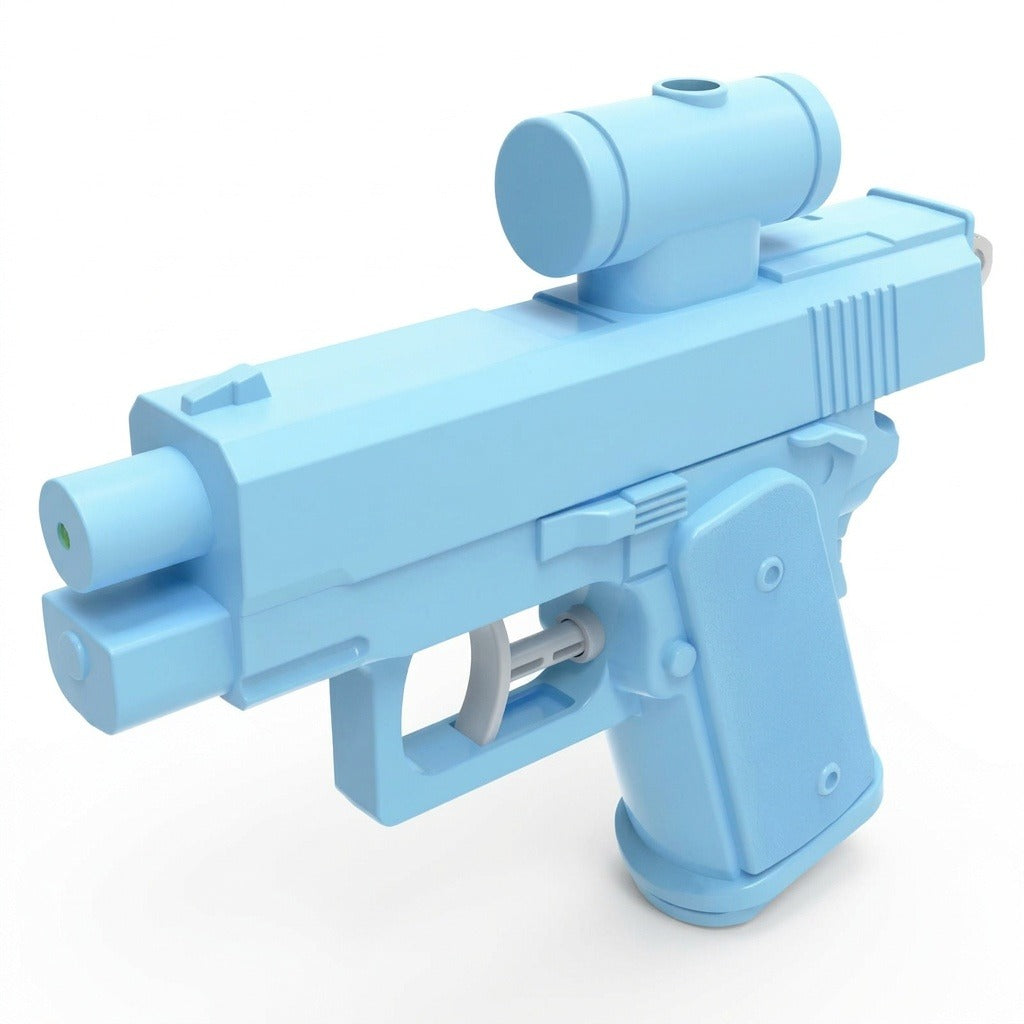Light blue water squirt gun with a white trigger and cylindrical upper reservoir stands against a plain white background.