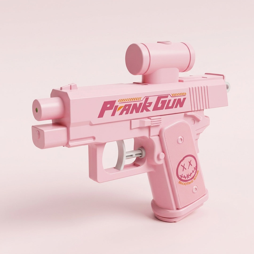 Pink water gun with a cylindrical top attachment and a crossed-eye face graphic on the grip, shown against a pale pink background.