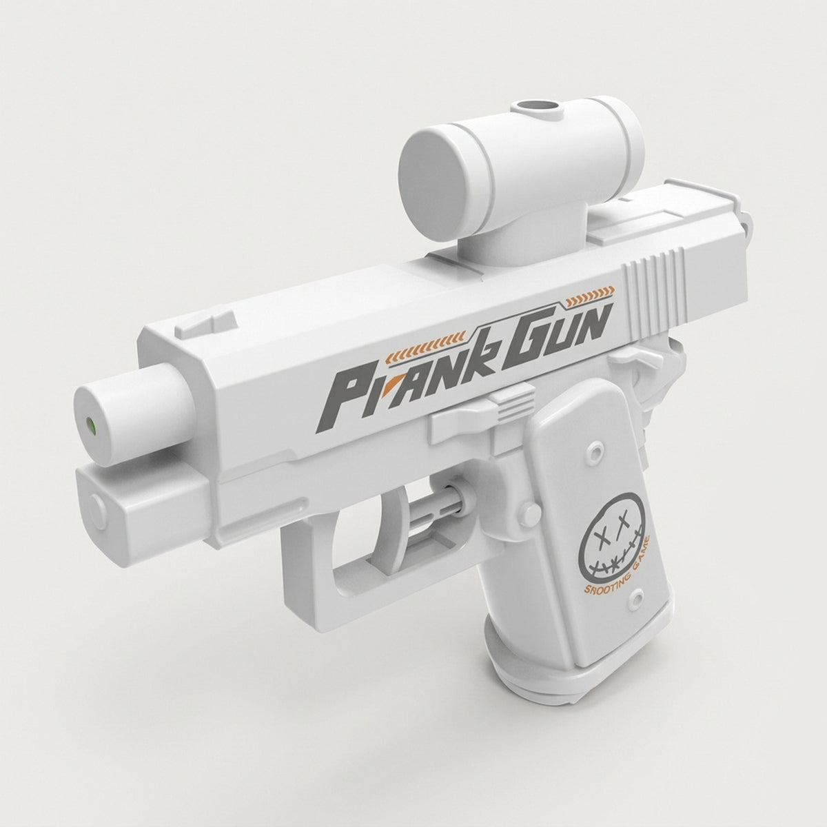 White water gun with a cylindrical top attachment and illustrated grip, shown at an angle against an off-white background.