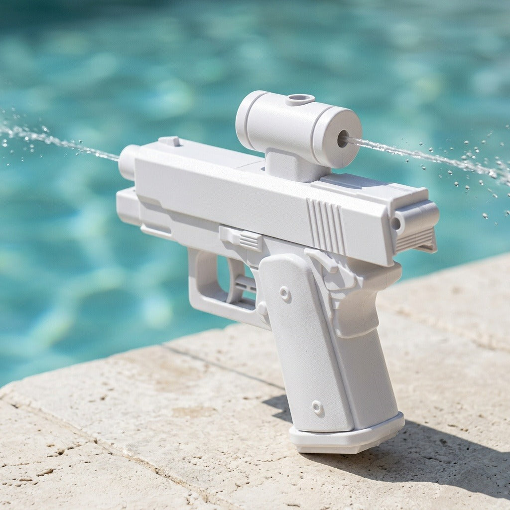 White water squirt gun sprays two opposing streams while standing on sunlit pale paving beside turquoise pool water.
