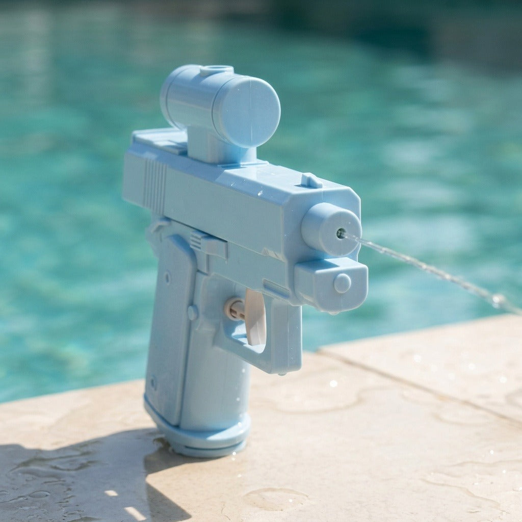 Light blue water squirt gun sprays a narrow stream from its front nozzle while standing on wet poolside paving.