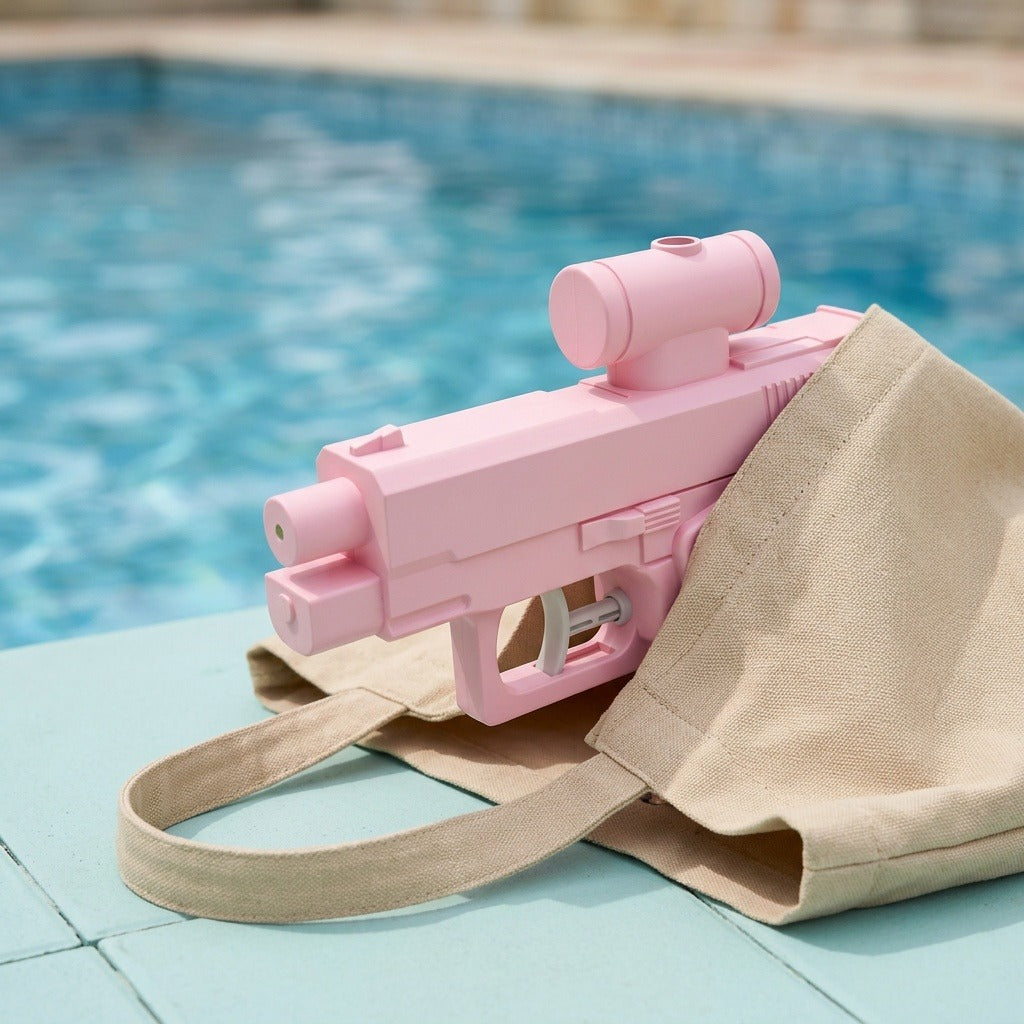 Pink water squirt gun rests partly inside a beige fabric tote bag on a pale blue surface beside a pool.