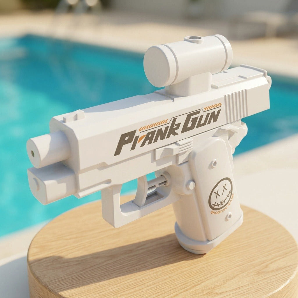 White water squirt gun with dark lettering and a stitched smiley graphic stands on a round wooden platform beside a pool.