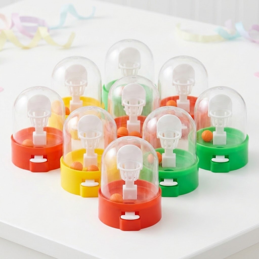 Red, yellow and green mini basketball games with clear domes sit grouped on a white table with pastel streamers.