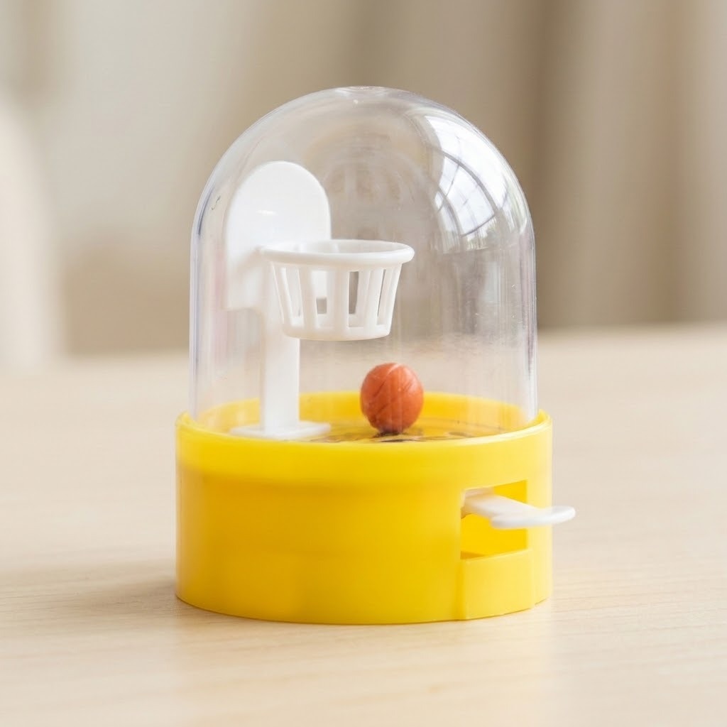 A yellow plastic mini basketball game with a clear dome, white hoop and orange ball sits on a beige tabletop.