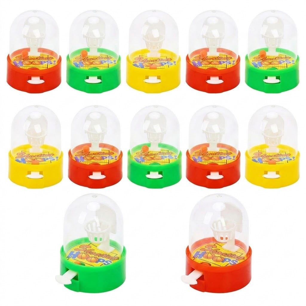 Twelve red, green and yellow mini basketball games appear against white, with two larger angled views below two rows of five.