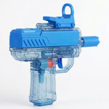 A blue and transparent water gun with a blue trigger and visible internal components stands against a plain white background.