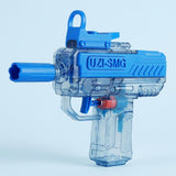 A blue and transparent water gun faces left against a pale blue background, with a blue trigger and clear grip.