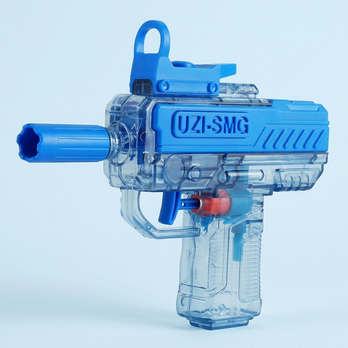 A blue and transparent water gun faces left against a pale blue background, with a blue trigger and clear grip.