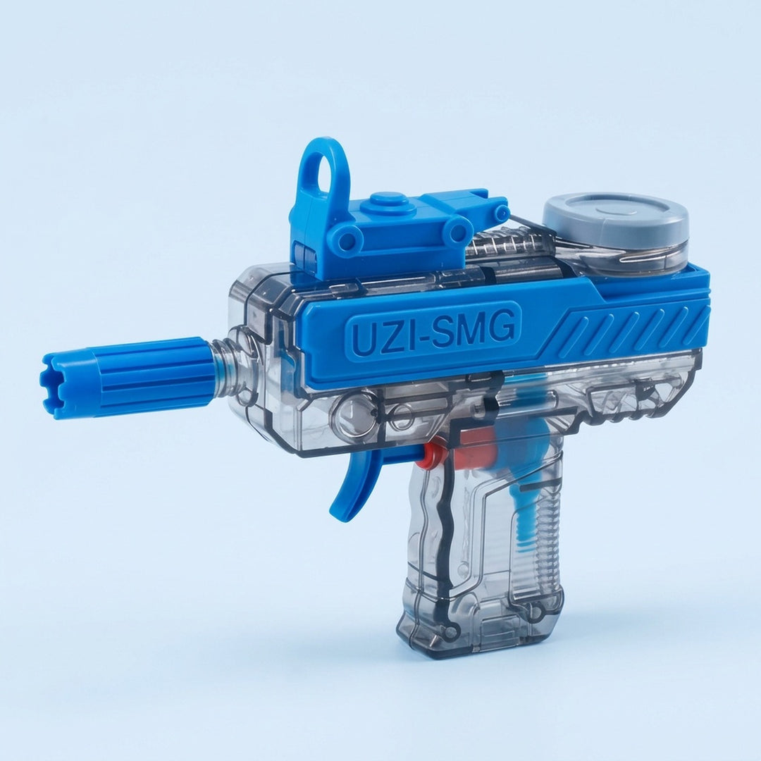 A toy blaster-style water gun or spray toy in translucent gray plastic with bright blue accents and a gray circular top, shown on a clean light blue background. The side reads 'UZI-SMG'.