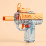An orange and transparent water gun faces left against a peach background, with an orange trigger and clear grip.