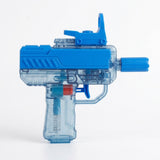A blue and transparent water gun faces right against a white background, showing its clear grip and internal components.