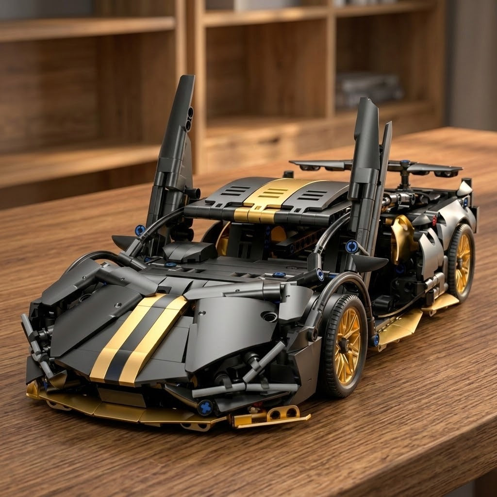 Black and gold plastic car building kit shown assembled with raised doors on a wooden table against blurred shelving.
