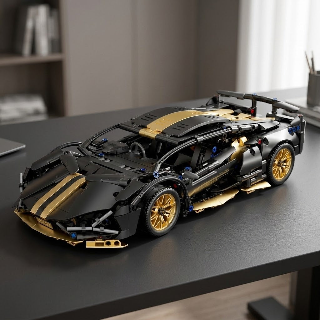 Black and gold car building kit shown assembled with gold wheels and a rear spoiler on a dark gray desk.