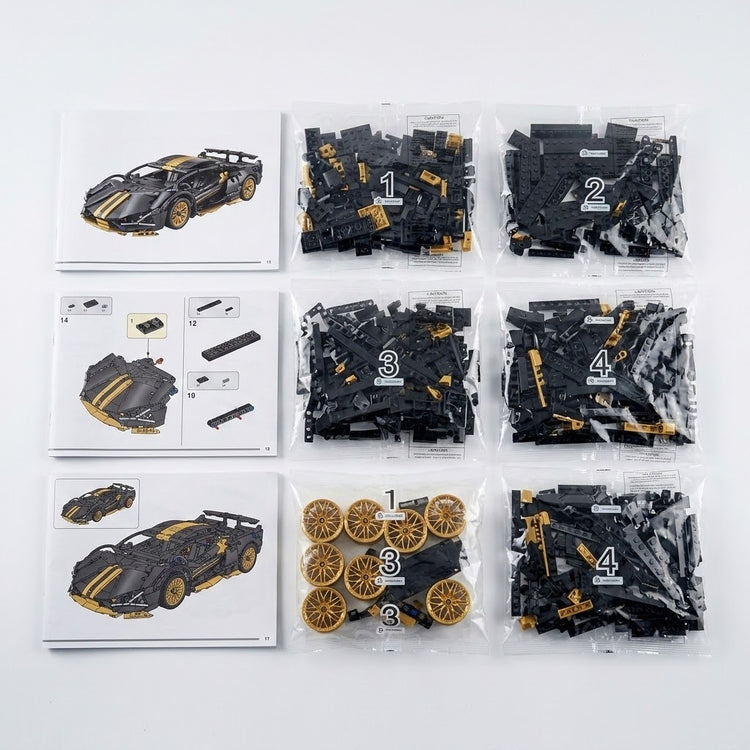 Car building kit with numbered bags of black and gold plastic pieces beside paper assembly instructions on a white background.