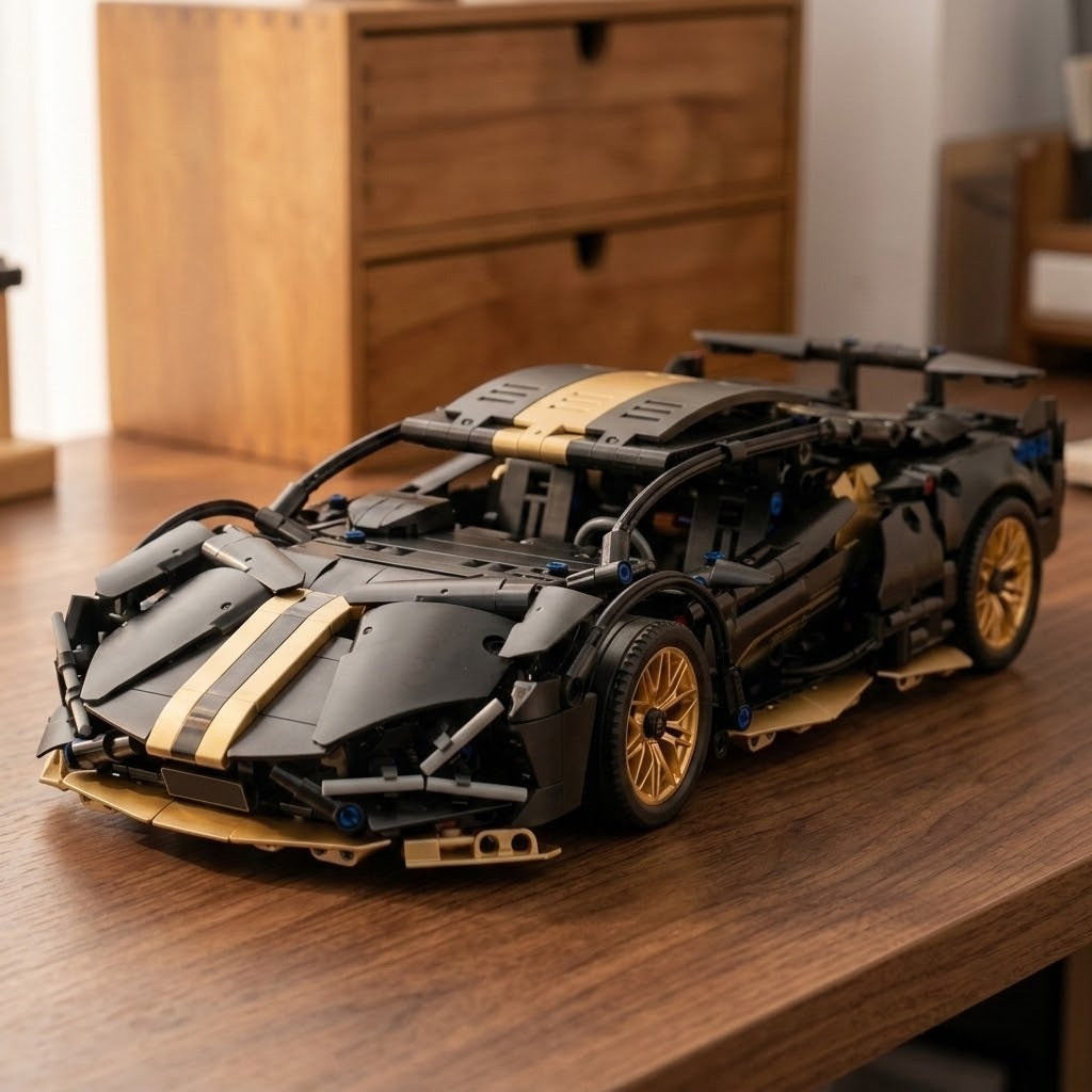 Black and gold car building kit shown assembled with closed doors on a wooden table in a warmly lit room.