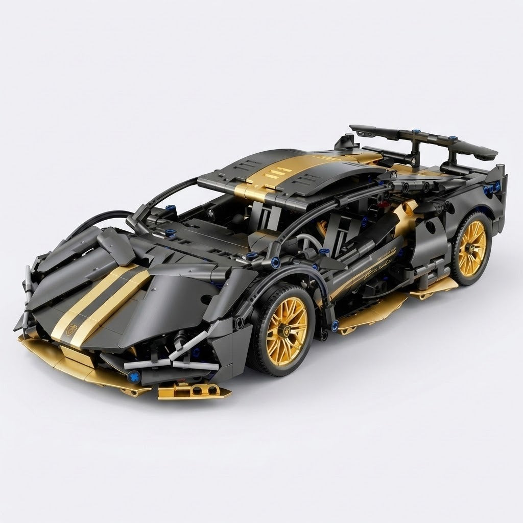Black and gold car building kit shown assembled from a three-quarter angle, with gold wheels and rear spoiler against light gray.