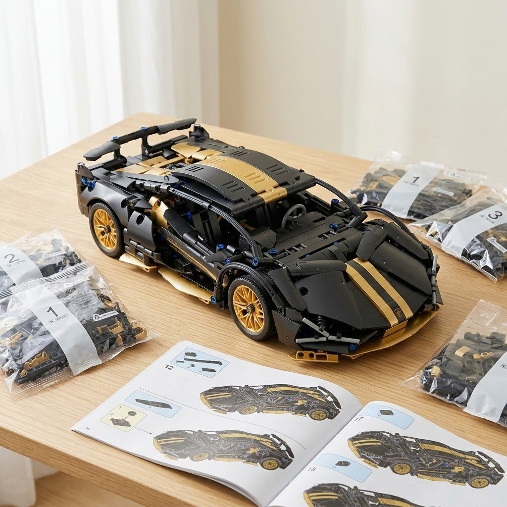 An assembled black and gold car building kit sits on a wooden table beside numbered parts bags and an open instruction manual.