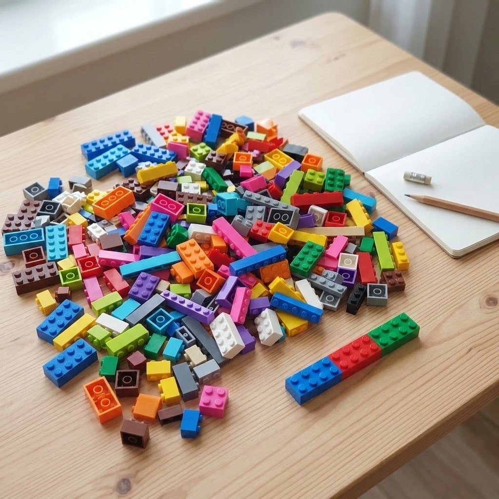 Multicolored interlocking building blocks lie scattered on a wooden table beside an open notebook, pencil, and sharpener.