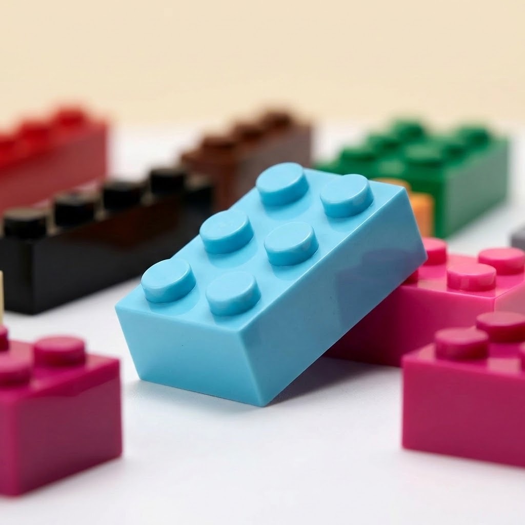 Colorful building blocks rest on a white surface, with a light blue six-stud block leaning against pink pieces.