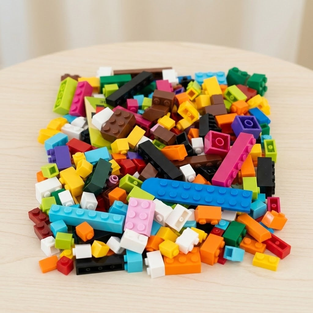 Multicolored building blocks in assorted shapes and sizes form a pile on a pale wooden tabletop against a cream background.