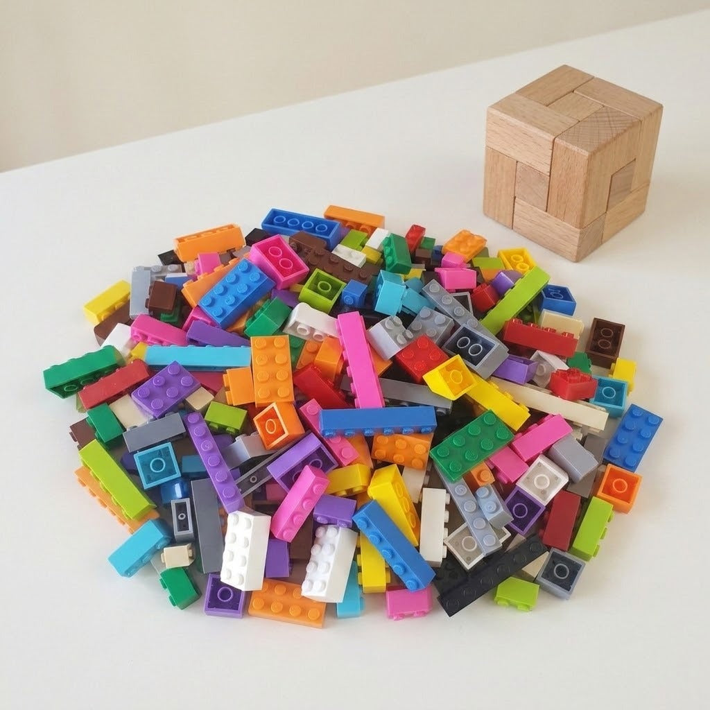 Multicolored building blocks lie in a pile on a white tabletop beside a wooden cube puzzle against a cream background.