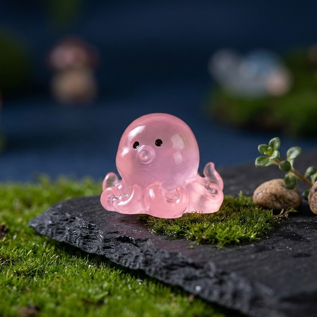 A translucent pink resin miniature octopus figurine sits on dark slate surrounded by green moss, small pebbles and foliage.