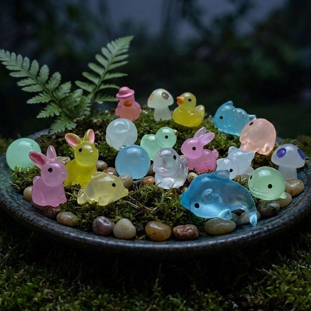 Pastel resin miniature animal and mushroom figurines sit among moss, pebbles and fern leaves in a dark round planter under dim lighting.