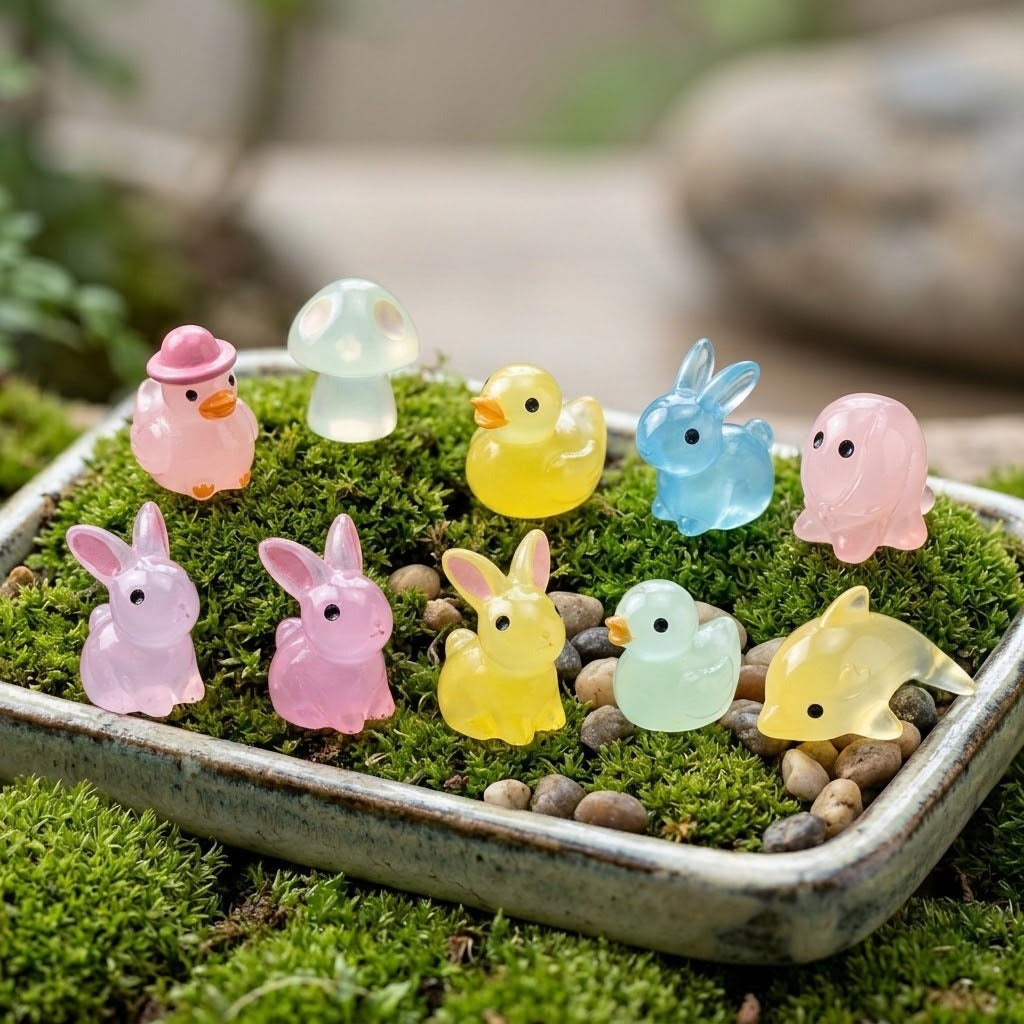Ten pastel resin miniature figurines shaped like animals and a mushroom sit among moss and pebbles in a shallow rectangular tray.