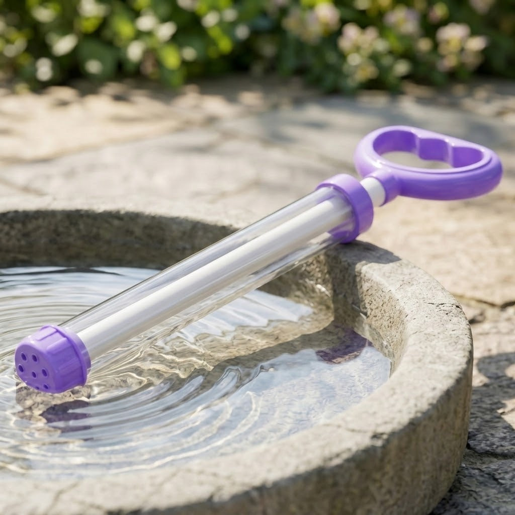 A purple and clear plastic water gun rests across a water-filled stone basin outdoors, with its nozzle touching the water.