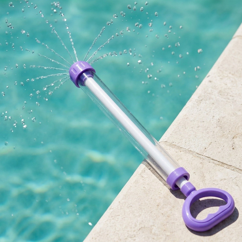 A purple and clear plastic water gun sprays water in multiple directions beside a turquoise pool and beige stone deck.