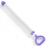 A clear plastic water gun with purple end caps and a loop handle lies diagonally against a white background.
