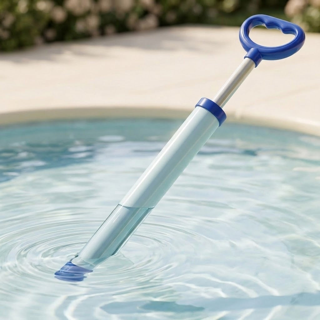 A blue and clear plastic water gun sits diagonally in pool water with its white plunger extended and loop handle raised.
