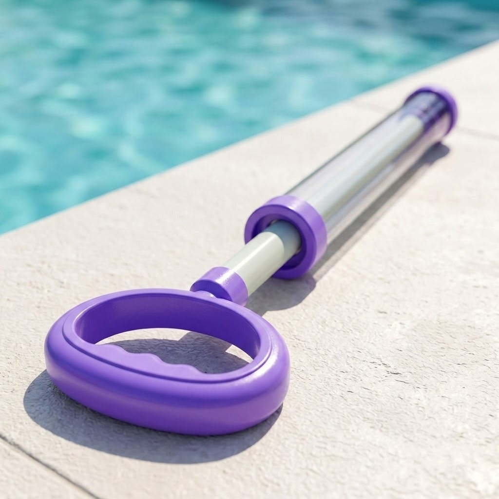 A purple pull-out water gun with a clear barrel lies on a light stone deck beside a swimming pool.