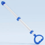 A blue and clear pull-out water gun with a ring handle shown diagonally against a plain light-blue background.