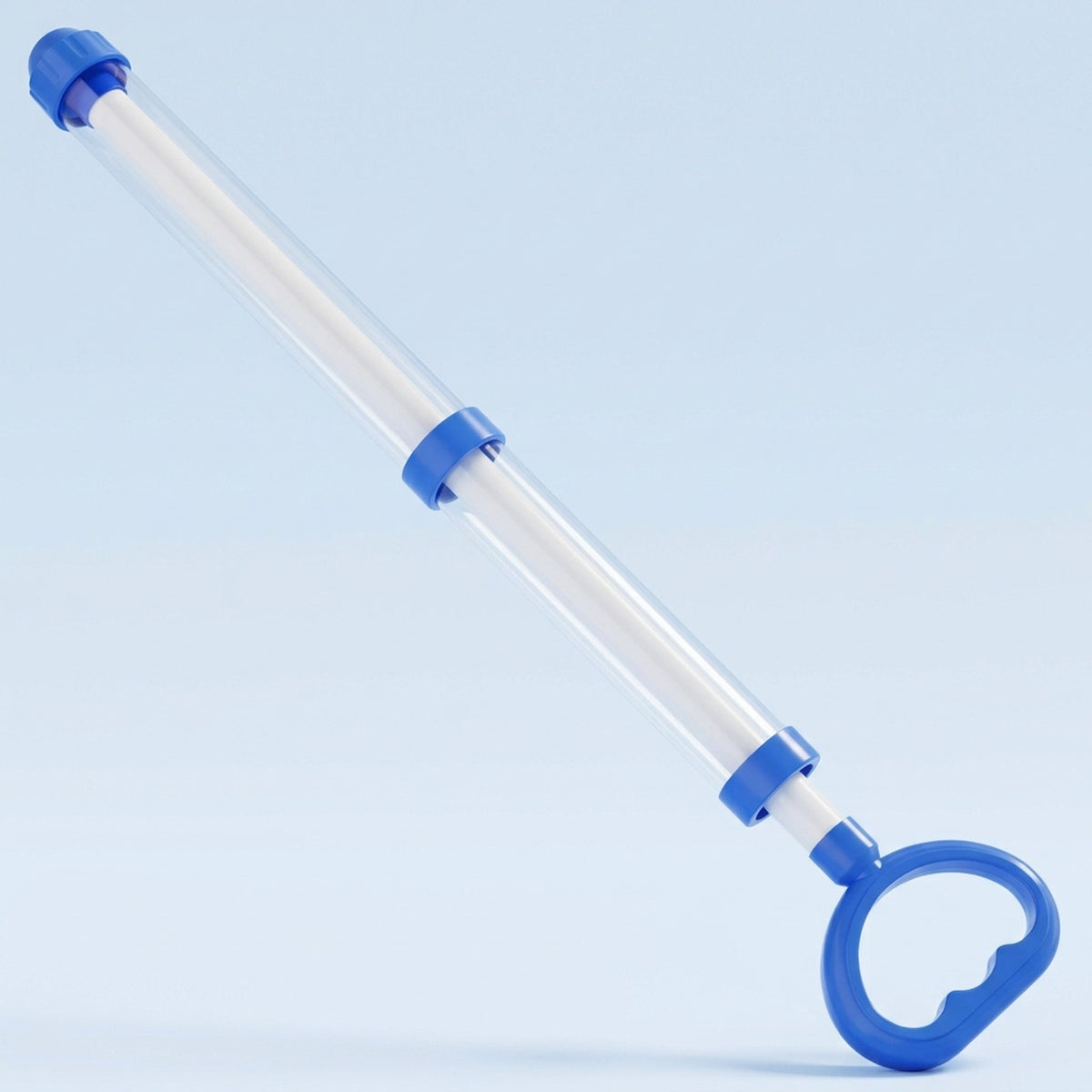 A blue and clear pull-out water gun with a ring handle shown diagonally against a plain light-blue background.