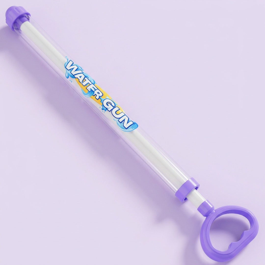 A purple and white plastic water gun toy with a clear barrel and a purple loop handle, shown diagonally on a light purple background.
