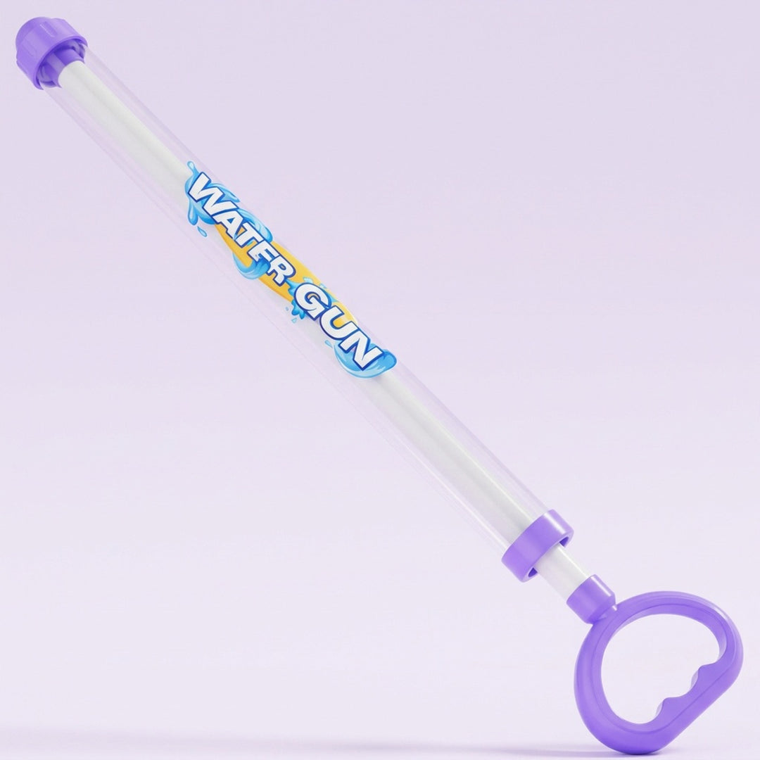 A purple and clear plastic water gun toy with a purple trigger handle, shown diagonally on a light lavender background. The tube has 'WATER GUN' printed on it in blue and yellow.