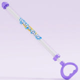A purple and clear plastic water gun toy with a purple trigger handle, shown diagonally on a light lavender background. The tube has 'WATER GUN' printed on it in blue and yellow.