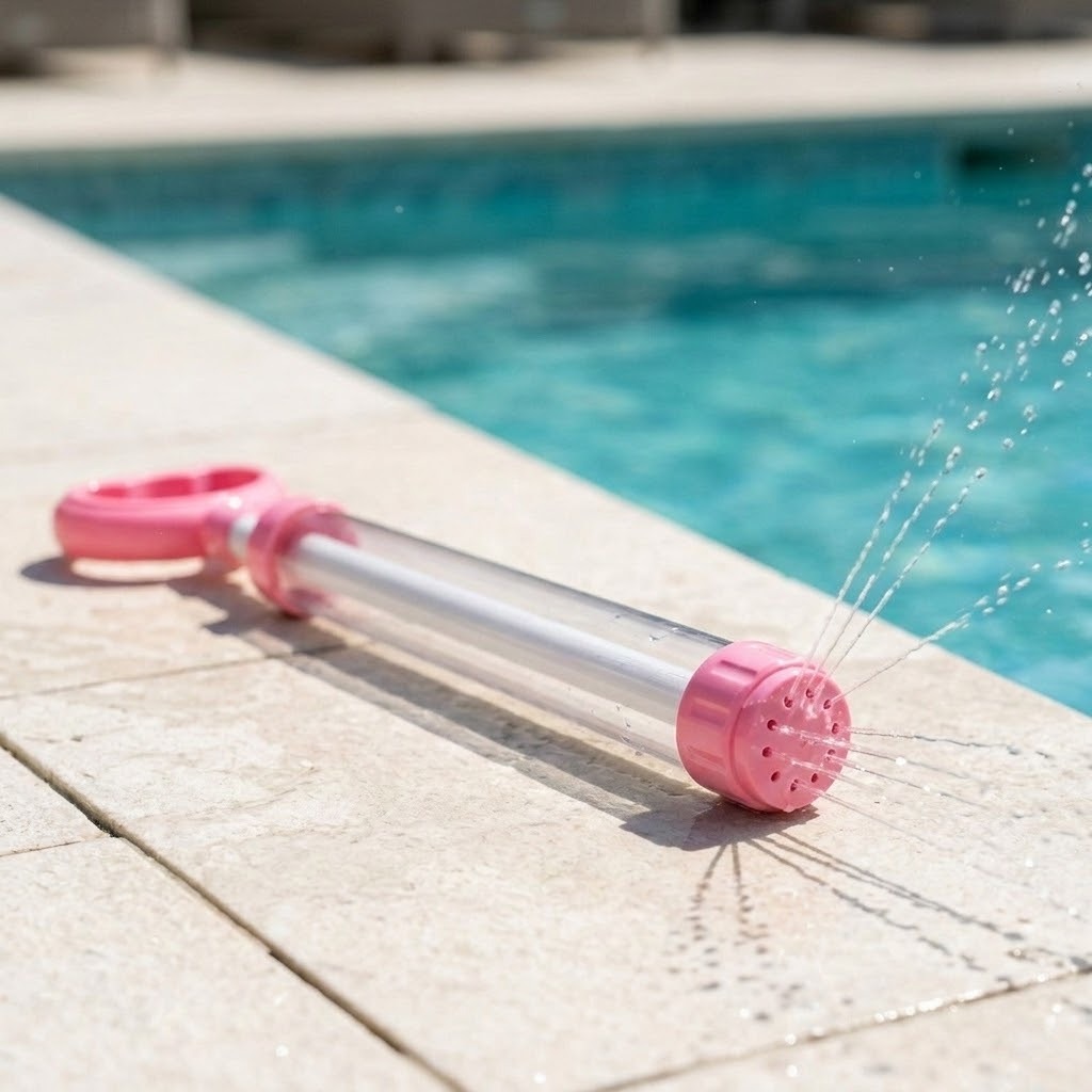 A pink and clear plastic water gun sprays multiple streams while lying on a beige stone deck beside a swimming pool.