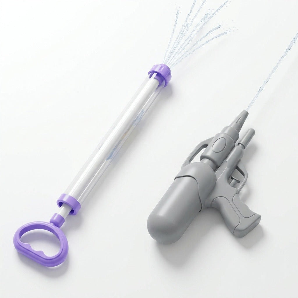 A clear and purple pull-out water gun spraying several jets beside a gray water gun spraying one stream on a white background.