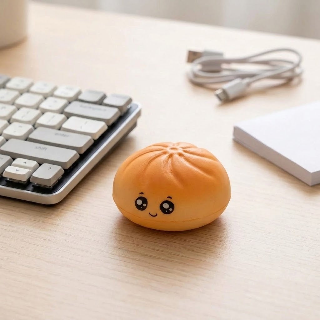 A small orange-brown cute squishy toy with a smiling face sits on a light wood desk next to a keyboard, USB cable, and white notebook.